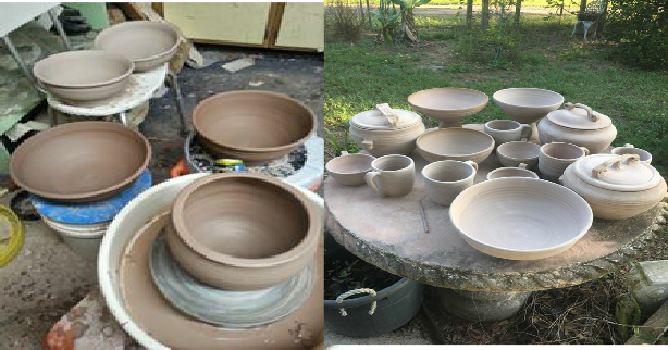 pottery outside air drying in my back yard made by  local artist & Realtor Ron Zemetres